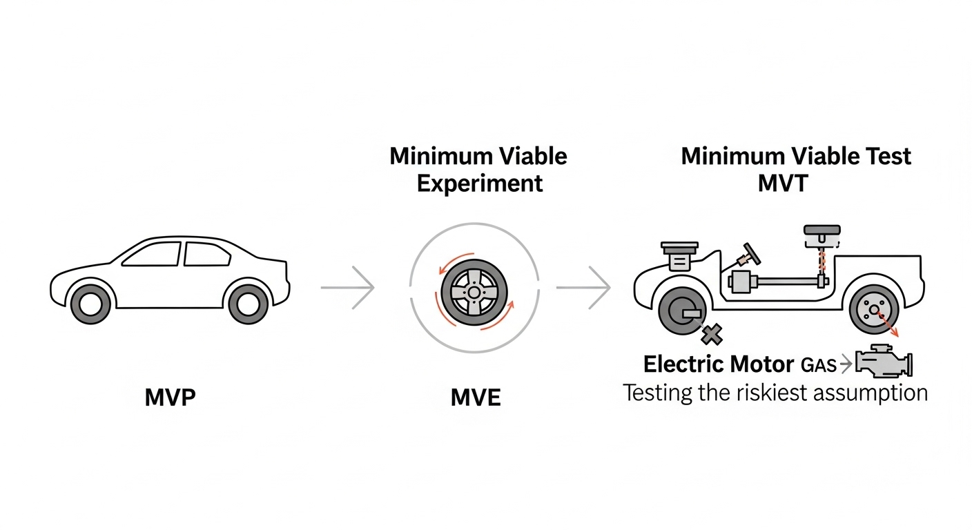 A clear, modern infographic diagram illustrating the differences between Minimum Viable Product (MVP), Minimum Viable Experiment (MVE), and Minimum Viable Test (MVT). Use abstract iconography. For MVP, show a complete, simple car. For MVE, show a single component being tested like a wheel or a part of the engine. For MVT, show a car's chassis with a focused test on the drivetrain, contrasting an electric motor with a gas engine, highlighting that it's about testing the riskiest assumption. Use distinct visual cues and labels for each, with subtle arrows or lines showing their relationship in a lean innovation cycle. Clean, professional, and easy to understand visuals.