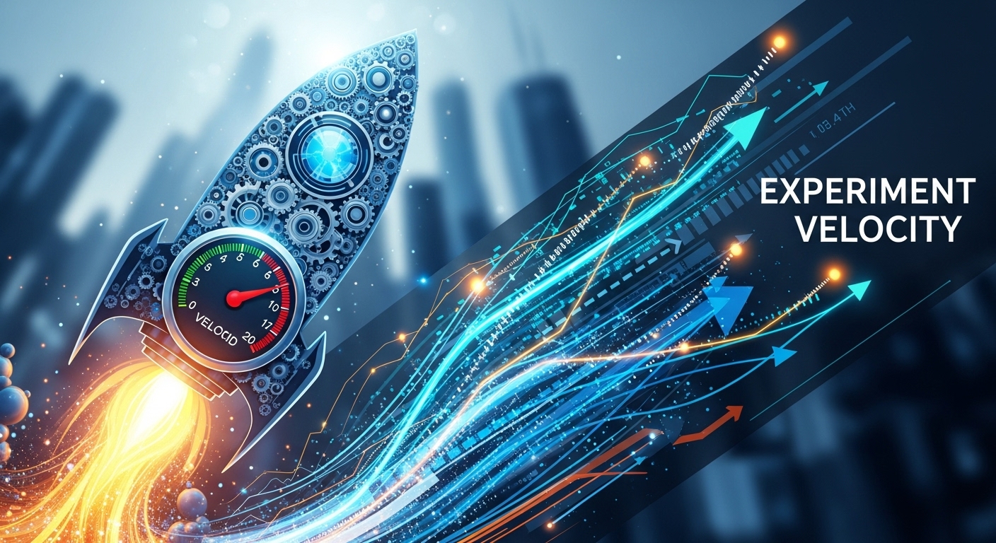 An abstract, dynamic visual representing 'experiment velocity' in digital marketing. Feature a stylized speedometer or a thrusting rocket with integrated data streams, upward trending graphs, and interconnected gears, symbolizing rapid learning, strategic direction, and compounding growth. Use a modern, tech-inspired color palette.
