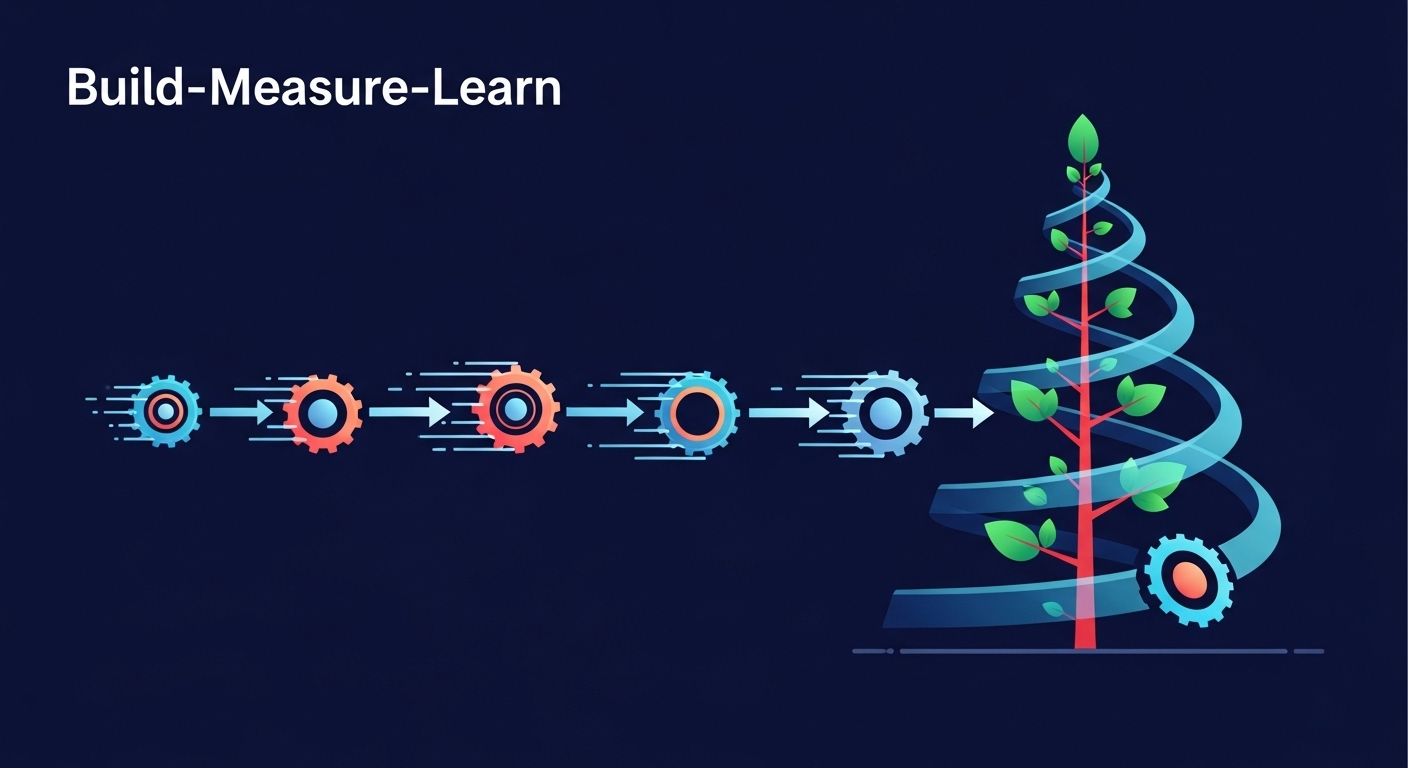 A vibrant, abstract illustration of the 'Build-Measure-Learn' feedback loop. Depict several small, distinct circles or gears in rapid, continuous motion, each representing a 'minimum viable test' or 'small bet.' These elements feed into a larger, ascending spiral or growing tree of knowledge, symbolizing compounding insights and accelerated learning. Emphasize speed, iteration, and growth with a modern, digital aesthetic.