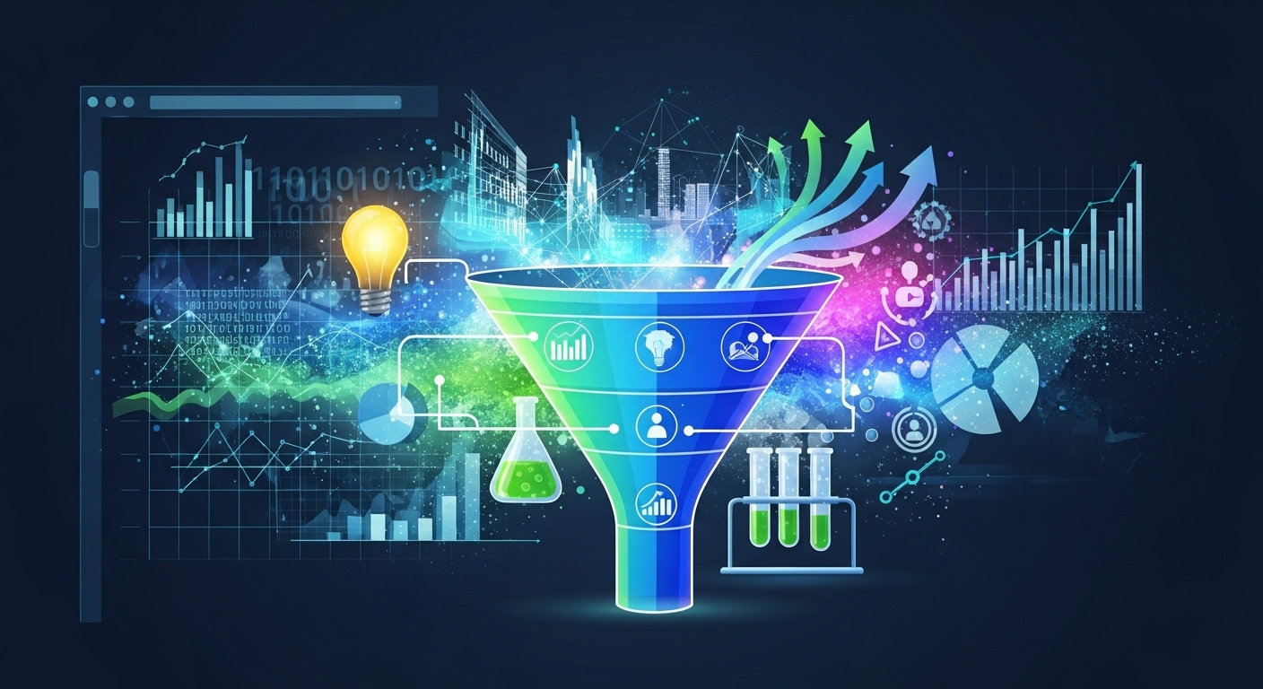 A dynamic and abstract depiction of a full marketing funnel, integrated with elements representing data analysis, experimentation (like a lightbulb or test tubes), and continuous growth. Show a digital interface overlay, perhaps with lines connecting different stages of the funnel, symbolizing the customer journey. The overall feel should be modern, strategic, and forward-thinking, with a sense of energy and innovation. Use a vibrant color palette, focusing on blues, greens, and purples to convey progress and digital transformation.