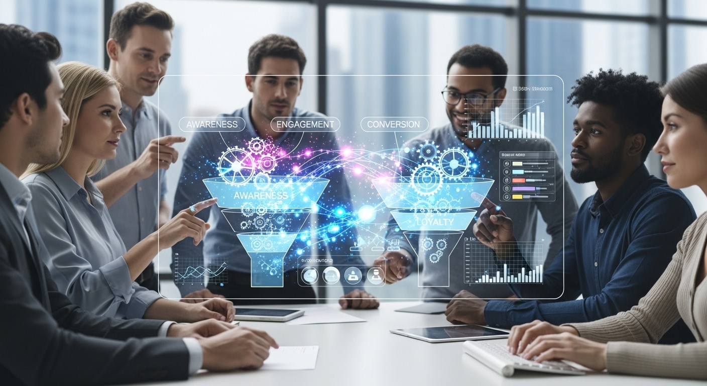 A futuristic marketing dashboard showing various funnel stages, with gears and data points representing experimentation and optimization. A diverse team collaborates around it, symbolizing a culture of growth and learning. Dynamic and vibrant colors.