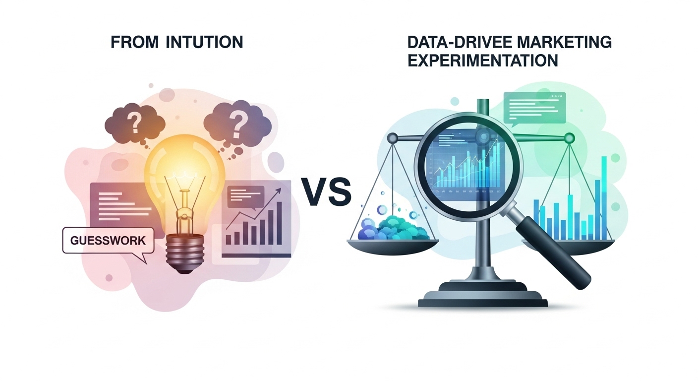 A visually compelling abstract image representing the transition from intuition-based decision-making to data-driven marketing experimentation. Show elements of a scientific method: a lightbulb symbolizing an idea or hypothesis, a magnifying glass over digital data or graphs, and perhaps a scale balancing 'guesswork' (represented by question marks or hazy thoughts) against 'empirical evidence' (represented by clear data points or a precise measurement tool). Use a modern, clean aesthetic with a focus on progression and clarity, perhaps a gradient shifting from muted, uncertain colors to bright, analytical blues and greens.