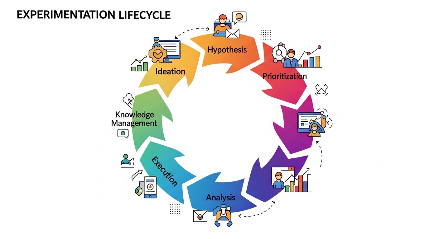 A visually engaging, circular infographic or diagram representing a six-stage experimentation lifecycle: Ideation, Hypothesis, Prioritization, Execution, Analysis, and Knowledge Management. Each stage should be clearly labeled and flow into the next, symbolizing a continuous loop of learning and growth. Incorporate subtle digital marketing elements like data points, analytics graphs, and collaborative team icons. The style should be modern, clean, and professional with vibrant, complementary colors.