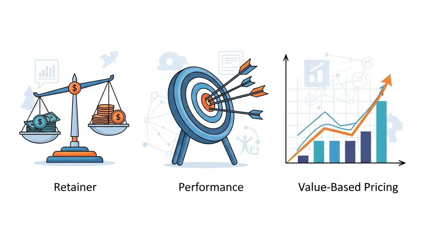 A conceptual image illustrating different digital marketing pricing models. On one side, a scale balancing money and effort for 'Retainer'; in the middle, a target board with arrows hitting bullseyes representing 'Performance'; and on the other side, a growing upward graph signifying 'Value-Based Pricing'. All elements are connected by a subtle network or flowchart, suggesting strategic decision-making in a digital context. Modern, clean aesthetic.