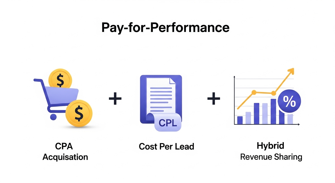 A conceptual image illustrating the 'Pay-for-Performance' spectrum in digital marketing. Elements could include a visual representation of Cost Per Acquisition (CPA) with a shopping cart and dollar sign, a Cost Per Lead (CPL) symbol showing a form submission, a revenue graph with a percentage overlay for Revenue Sharing, and a combination of these elements suggesting a Hybrid model. All visuals should convey measurable outcomes and direct financial incentives, arranged in a modern, clean, and business-oriented aesthetic.