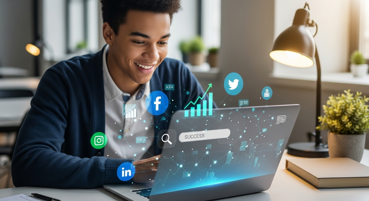 Digital Marketing Side Gigs for Students: Your Guide to Freelance Success 1 A young, diverse student enthusiastically working on a laptop, surrounded by subtle digital marketing elements like social media icons, a bar chart, or a search bar, suggesting growth and success. The background could hint at a modern university setting or a cozy, productive home office. Bright, professional, and inspiring.