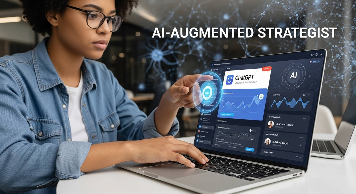 Digital Marketing Side Gigs for Students: Your Guide to Freelance Success 2 A focused, diverse student professional, using a laptop with an interface showing a blend of digital marketing analytics, social media feeds, and AI content generation tools like ChatGPT. The student is strategically guiding the AI, symbolizing the 'AI-Augmented Strategist'. The background should be modern and subtly indicate a learning or creative environment, perhaps with neural network patterns or data visualizations. The overall mood is innovative, efficient, and forward-thinking.