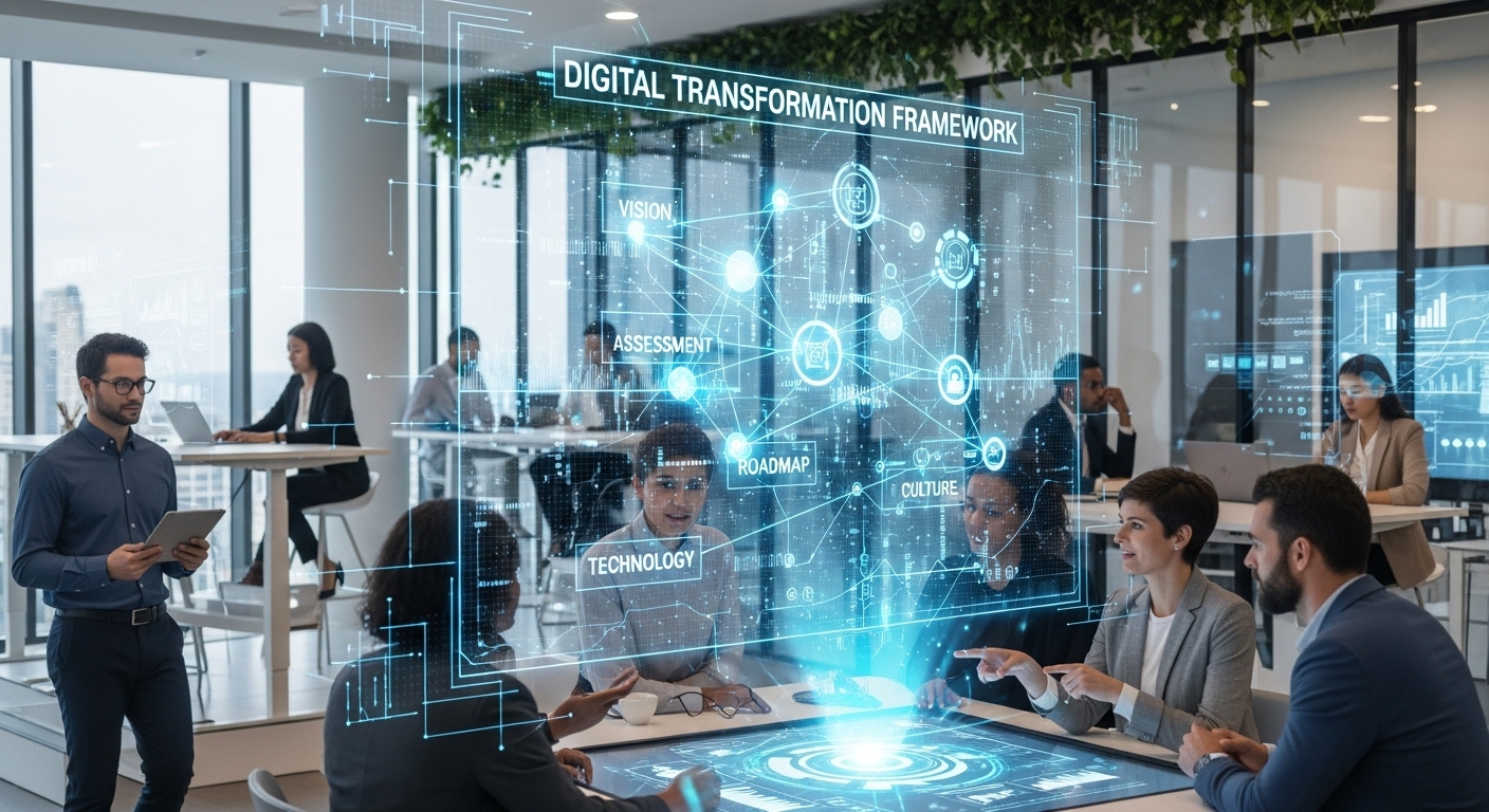A sophisticated, glowing holographic blueprint of a digital transformation framework, featuring interconnected strategic elements (vision, assessment, roadmap, technology, culture). The blueprint is overlaid on a modern, dynamic business setting with diverse professionals collaborating, symbolizing innovation and strategic execution. Emphasize digital progress and clarity.