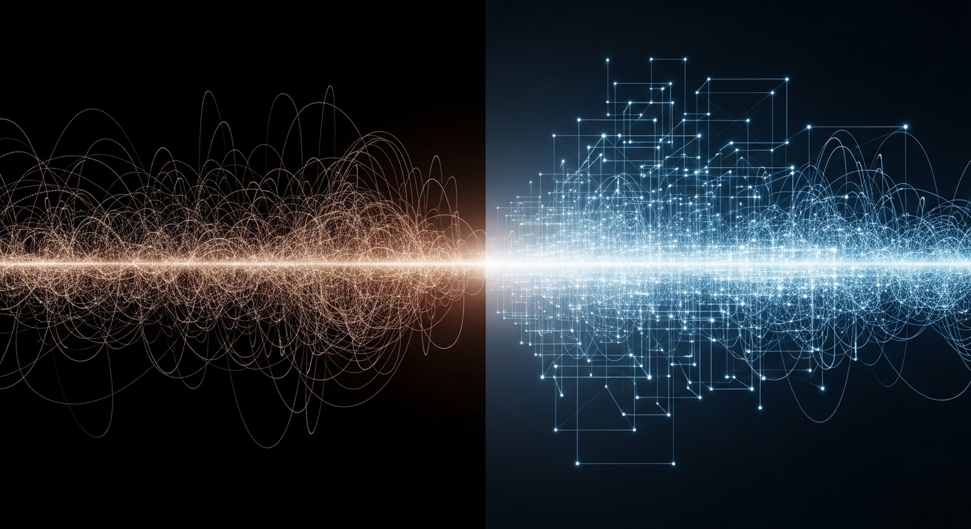 An abstract yet clear visual representing 'order out of chaos' in a business context. On one side, chaotic, tangled lines and complex, swirling data points symbolize the high failure rate and complexity of enterprise-wide change. On the other side, a precise, glowing digital framework or blueprint emerges, bringing clarity and structure. The two sides should be contrasting but flowing, suggesting the transformation from disarray to organized strategy. Emphasize light, digital elements for the 'order' side and a more turbulent, darker tone for the 'chaos' side.