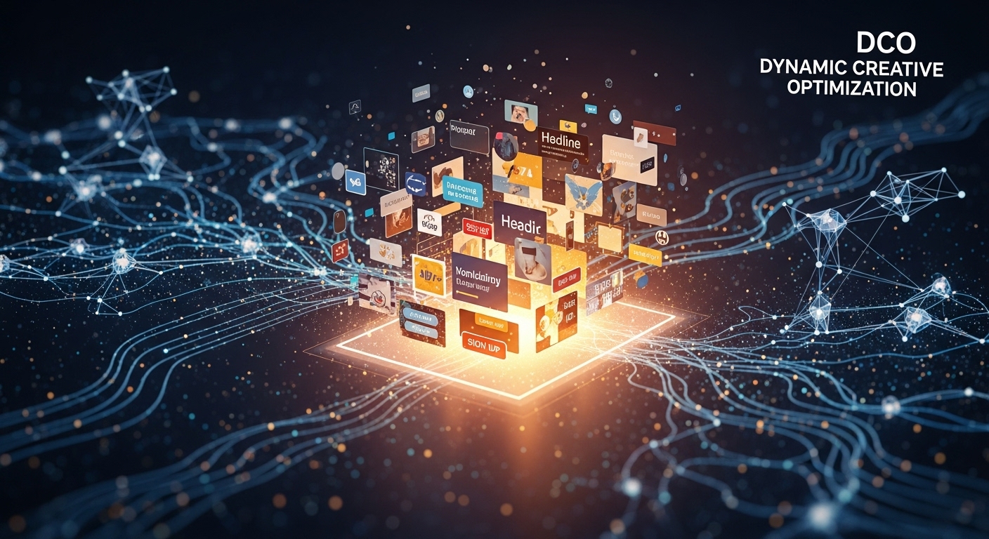 Abstract depiction of Dynamic Creative Optimization: fragmented ad elements (images, text, CTA) dynamically assembling on a glowing digital screen, surrounded by data streams and subtle AI neural network patterns, symbolizing personalization and real-time optimization.