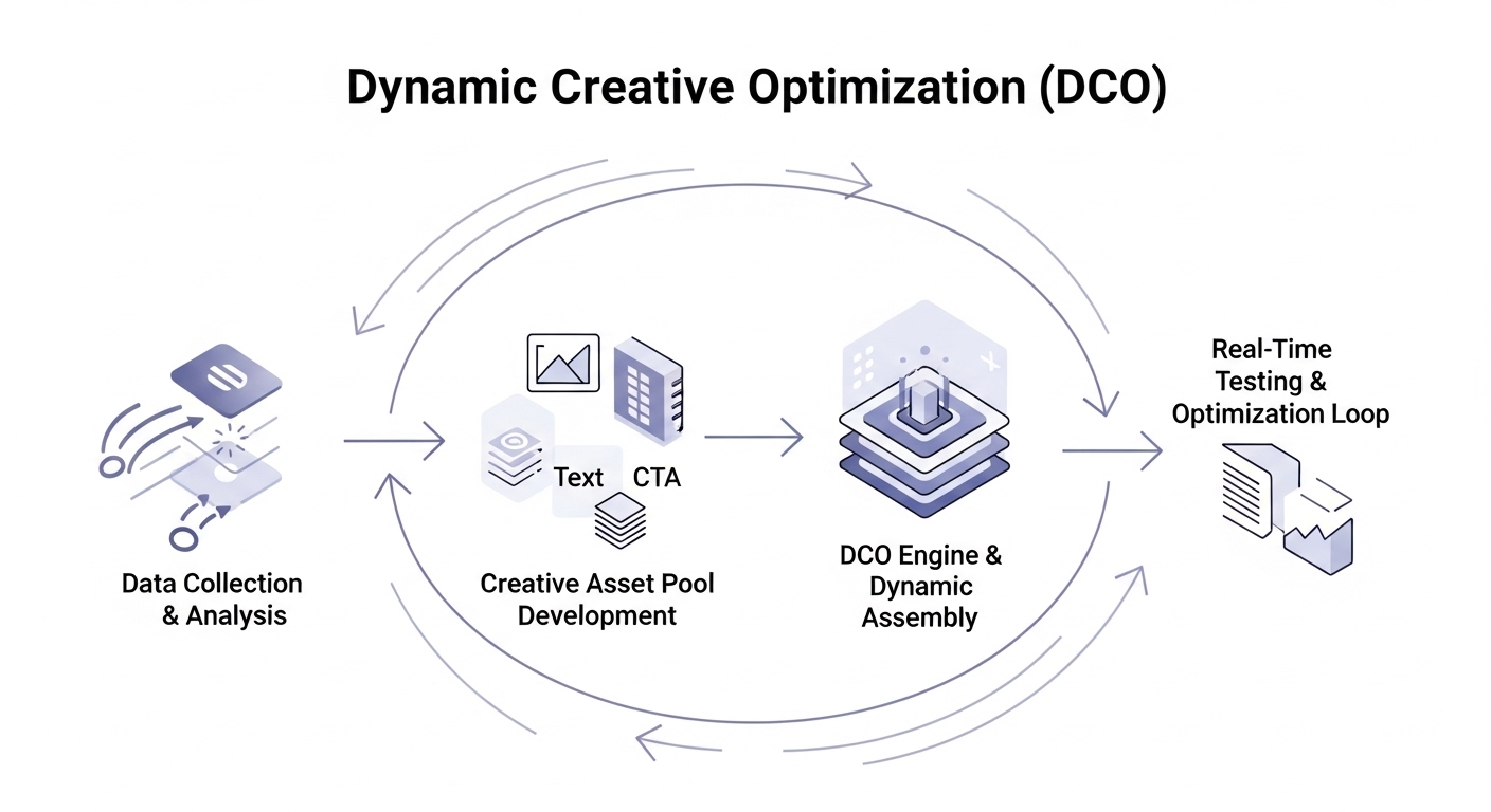 A clear, abstract diagram visualizing the Dynamic Creative Optimization (DCO) workflow as a continuous, dynamic loop. Illustrate four interconnected stages: 1. 'Data Collection & Analysis' (represented by diverse data streams flowing in), 2. 'Creative Asset Pool Development' (depicting a library of interchangeable ad components like images, text, CTAs), 3. 'DCO Engine & Dynamic Assembly' (a central, intelligent hub quickly combining elements), and 4. 'Real-Time Testing & Optimization Loop' (feedback arrows indicating continuous learning and refinement). The visual should emphasize speed, intelligence, and personalized ad delivery.