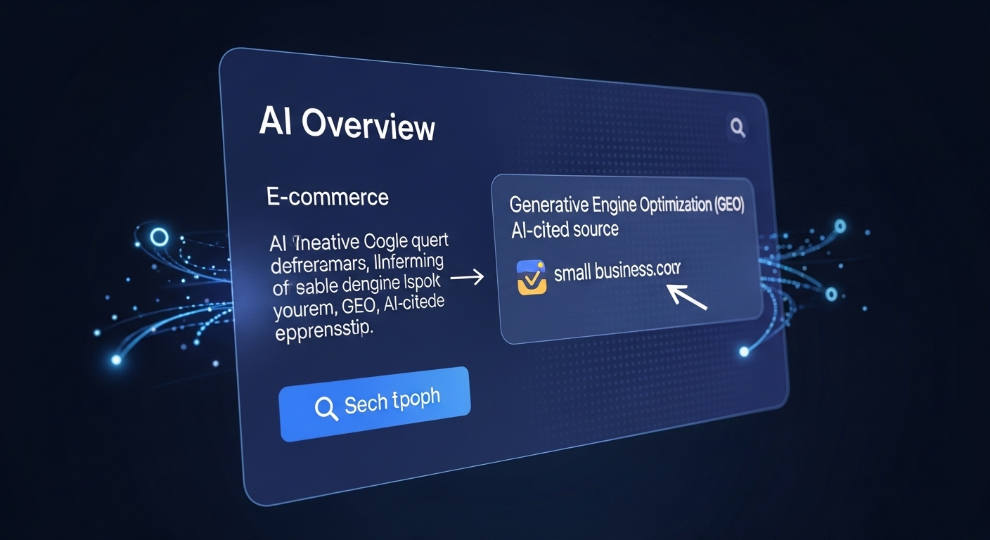 E-commerce SEO Audit Checklist 2026: Small Business Success 2 A futuristic, dynamic digital screen displaying an AI-generated search result, similar to an 'AI Overview'. The result shows a concise summary of information for an e-commerce query, with a prominent citation or link to a small business website. Visual elements should convey 'Generative Engine Optimization (GEO)' and the concept of a website becoming an AI-cited source. Include subtle glowing data streams or knowledge graph connections. Modern, clean, tech-inspired art style, bright and engaging colors.