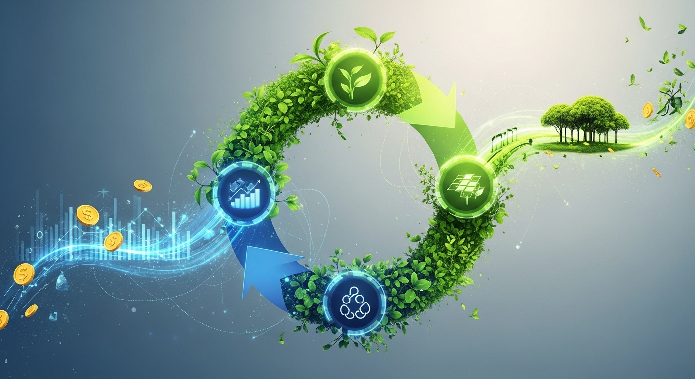 A vibrant, abstract depiction of a 'virtuous cycle' illustrating profit and purpose. Financial symbols (e.g., subtle growth charts, coins) flow into green, flourishing environmental and social initiatives (e.g., healthy plants, clean energy), which then circle back to enhance brand reputation and generate more profit. Digital marketing elements, like subtle network lines or glowing data streams, connect these phases, emphasizing the dynamic and self-reinforcing loop. High-resolution, optimistic, and interconnected design.