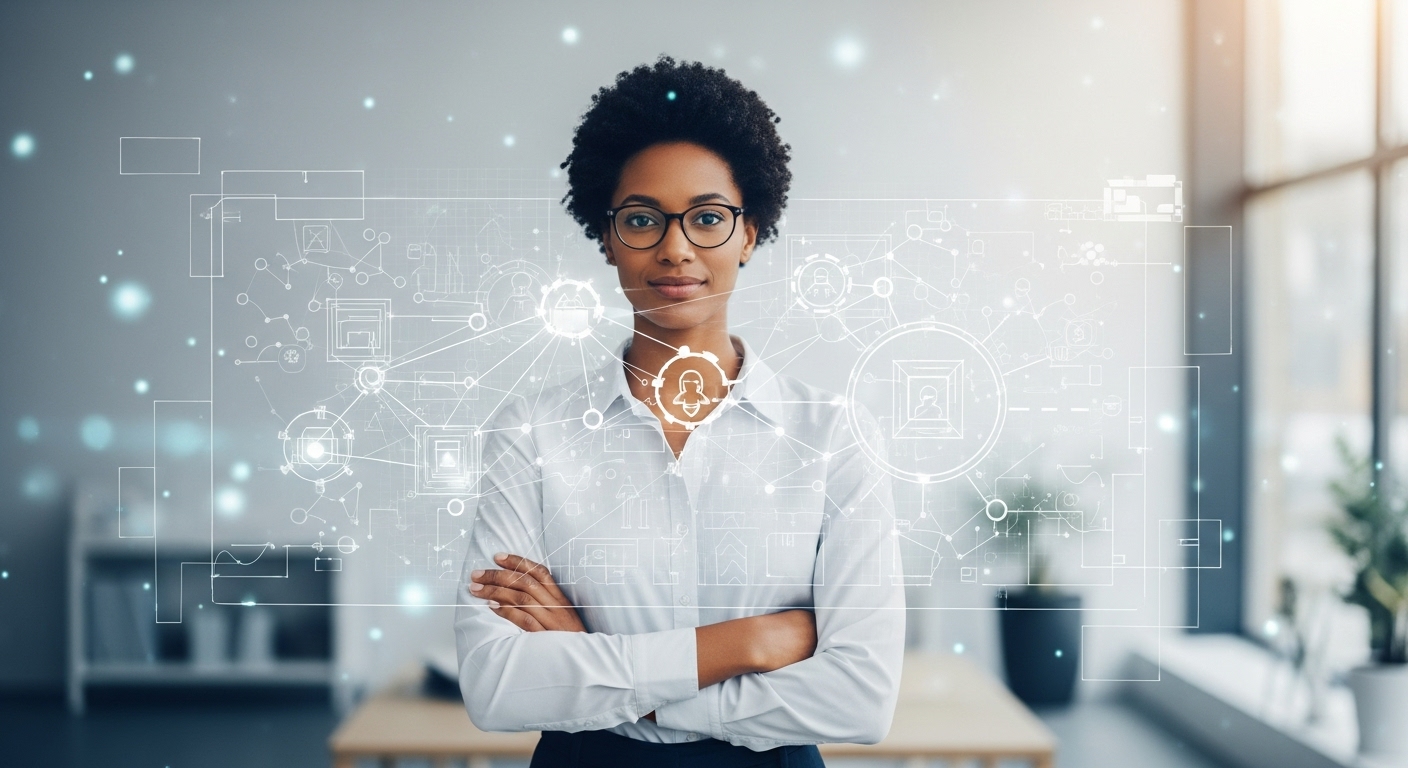 A confident educator-consultant, diverse ethnicity, standing in front of an abstract, subtly glowing blueprint or a network of interconnected ideas, symbolizing a strong personal brand. The individual is looking directly at the viewer with an empowering and thoughtful expression. The background is professional and inviting, perhaps a modern educational setting or a clean, conceptual space with subtle digital elements. Soft, inspiring lighting. Professional, aspirational style.