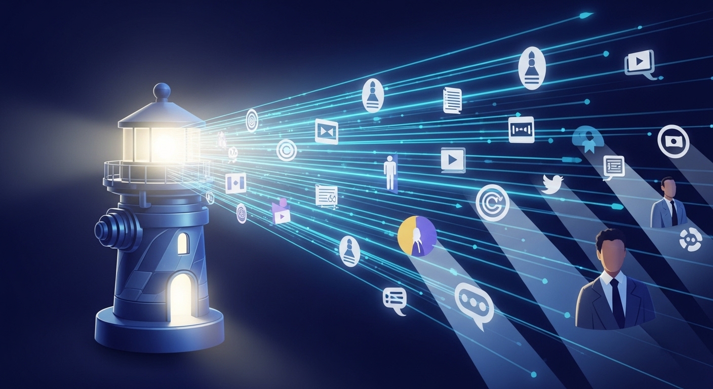 A vibrant, conceptual image of a 'content lighthouse' or a 'content engine.' The central element is a glowing lighthouse or a powerful, stylized engine, with beams of light or streams of energy emanating outwards. These beams/streams are composed of various content formats (icons representing articles, videos, white papers, social media posts). The light/energy illuminates and attracts abstract, diverse professional figures or symbols representing 'ideal clients' towards it, symbolizing authority and attraction. Modern, digital art style, clean, professional, and optimistic.