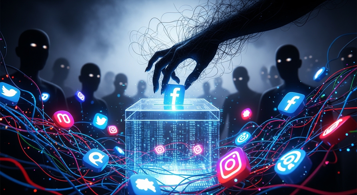 A shadowy hand manipulating a digital ballot box surrounded by glowing social media icons and distorted crowd figures, symbolizing fake engagement's corrosive impact on election integrity. High contrast, cyberpunk aesthetic.
