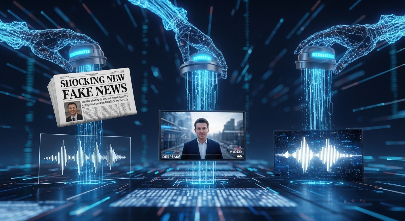 A futuristic digital landscape depicting generative AI tools (like stylized code or robotic hands) creating various forms of fake media simultaneously: a manipulated newspaper headline, a synthetic video deepfake playing on a screen, and an audio waveform representing cloned voice. The scene should convey a sense of rapid, high-volume production of disinformation, with glowing data streams flowing into a distorted, chaotic social media feed. The overall aesthetic should be high-tech, slightly unsettling, and emphasize the ease and scale of AI-driven deception.