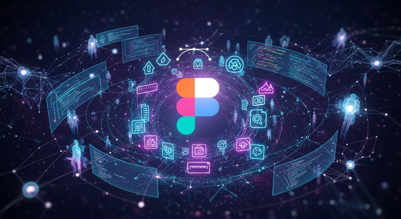 An abstract, futuristic digital landscape showcasing various design tool icons, with the Figma logo prominently featured in the center, surrounded by elements representing collaboration, artificial intelligence (AI), and a blurred line between design and code.