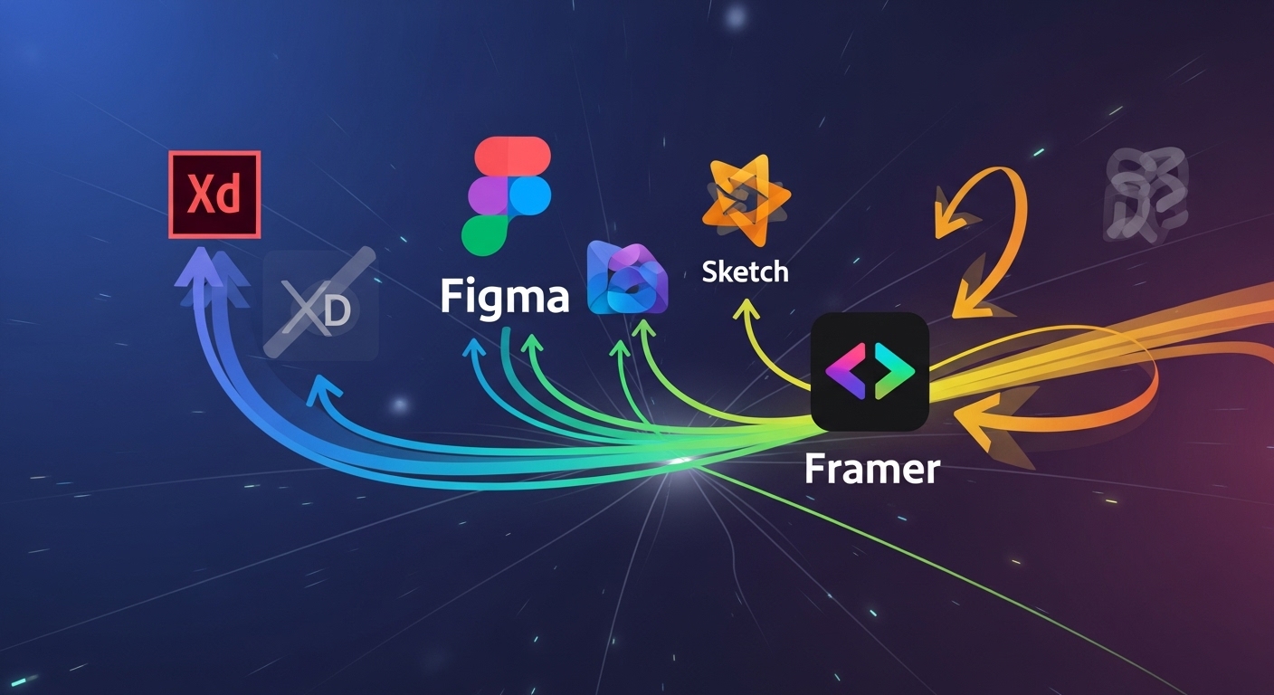 Figma vs. Design Tools: Dominance, AI & Future of Design 2 An abstract, dynamic visual representation of the competitive landscape in digital design tools, featuring stylized logos or icons for Figma, Sketch, Adobe XD (with a crossed-out or faded effect), and Framer. Arrows and connecting lines should illustrate market share, innovation pathways, and the convergence of design and code, conveying a sense of evolution and strategic competition.
