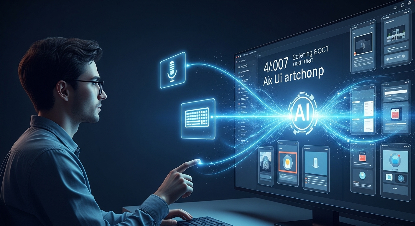 A visually striking image depicting a human designer collaborating with an AI. The designer is looking at a screen where AI is rapidly generating multiple UI/UX design variations or interactive prototypes from a text prompt. Emphasize the seamless interaction, with glowing lines or data streams connecting the designer's input (maybe a keyboard/voice icon) to the AI's output (evolving design elements). The style should be modern, clean, and futuristic, illustrating efficiency and innovation in design.