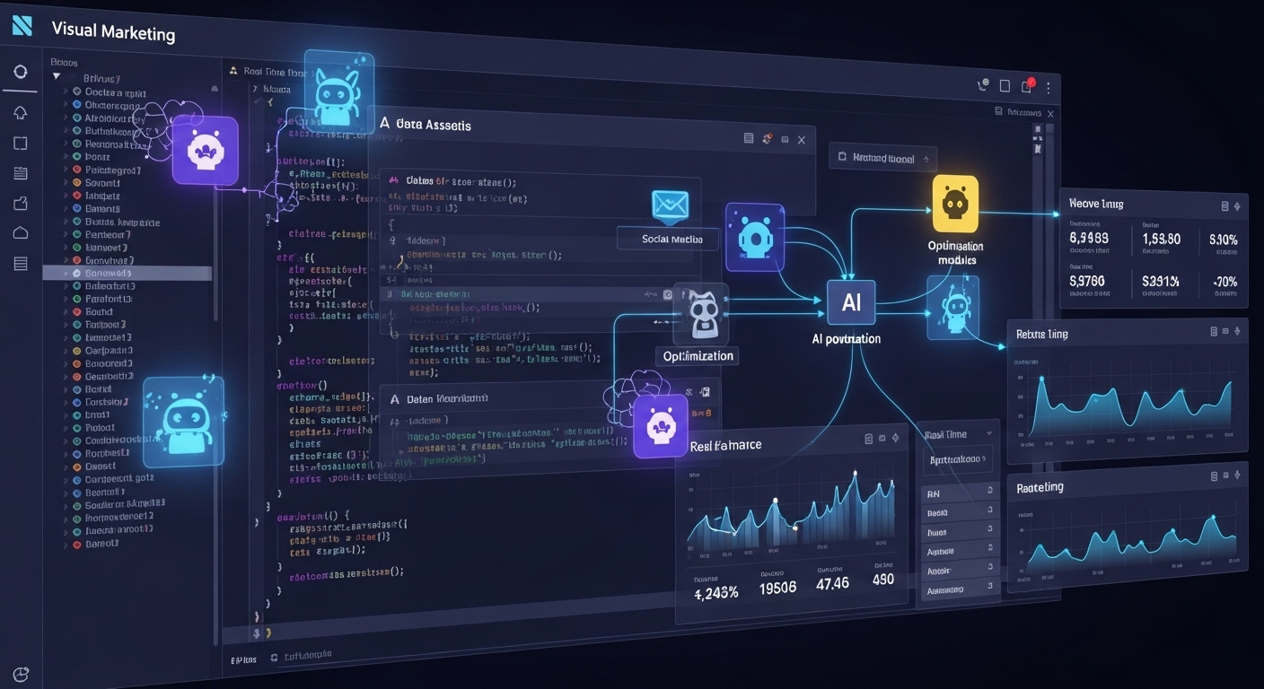 A futuristic digital marketing dashboard with code snippets and glowing AI agent icons integrated into a Visual Studio Code interface. Emphasize automation, data flow, and intelligent AI assistance in a clean, tech-focused style.