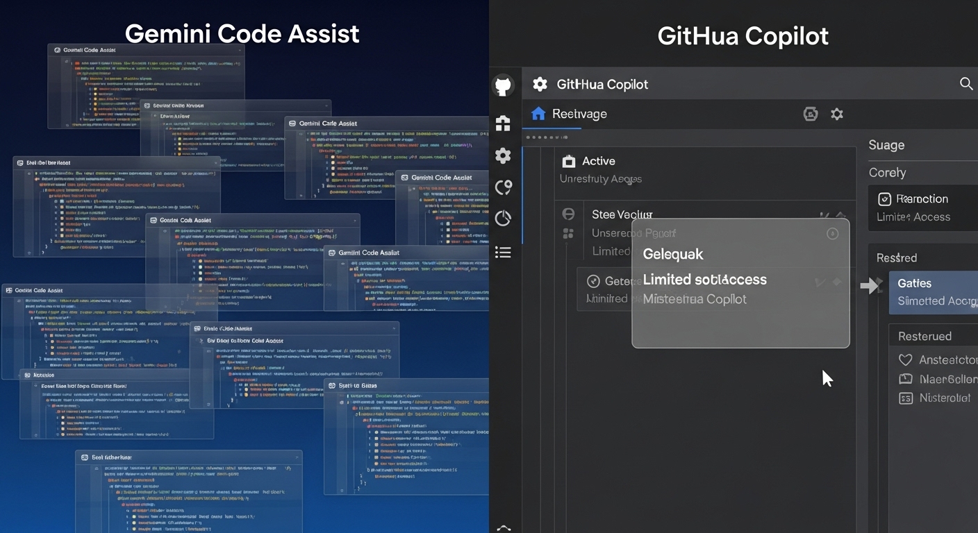 A split image visually comparing two distinct AI coding assistant interfaces. On one side, representing 'Gemini Code Assist', show an expansive, brightly lit interface with numerous open windows, flowing code snippets, and active, generous usage indicators, emphasizing unrestricted access and full features. On the other side, representing 'GitHub Copilot', depict a more constrained, dimmer interface with fewer open windows, restricted usage indicators, and a subtle visual metaphor for a 'gated' or 'limited access' experience, such as a semi-transparent overlay or a partial view. Highlight the contrast in freedom and capability between the two platforms.