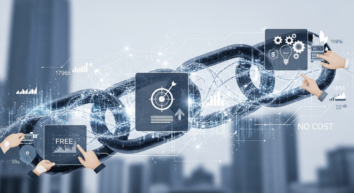 An abstract, professional illustration representing growth and connection in digital marketing. Elements include interlocking chain links or a web, glowing data streams, and a subtle icon of a target or upward arrow, set against a backdrop of a modern cityscape or a clean, tech-inspired interface. Emphasize the concept of 'free' or 'no cost' through imagery that suggests clever strategy and resourcefulness rather than monetary exchange. High-quality, clean design, digital art style.