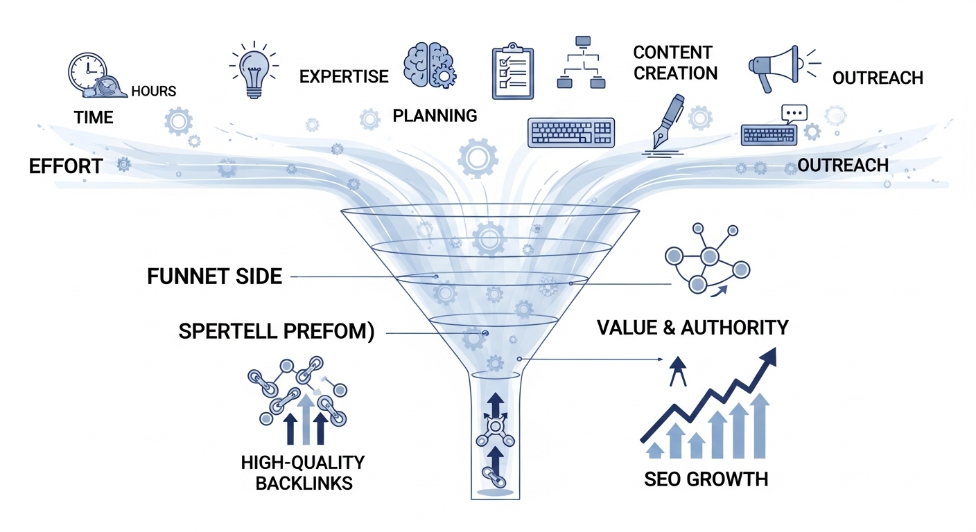 Free Backlinks for Digital Marketing Agencies: The Definitive Guide 2 Visualize a dynamic, multi-stage funnel or a progression. The input side represents 'effort' (time, expertise, planning, content creation, outreach) flowing into the funnel. The output side represents 'value' or 'authority' (high-quality backlinks, SEO growth). Emphasize the concept of strategic investment of non-monetary resources. Use modern, clean design, perhaps with subtle graphical elements representing these concepts (e.g., gears for effort, ascending arrows for growth, interconnected nodes for backlinks). No monetary symbols, focusing on strategic effort and its positive outcomes.