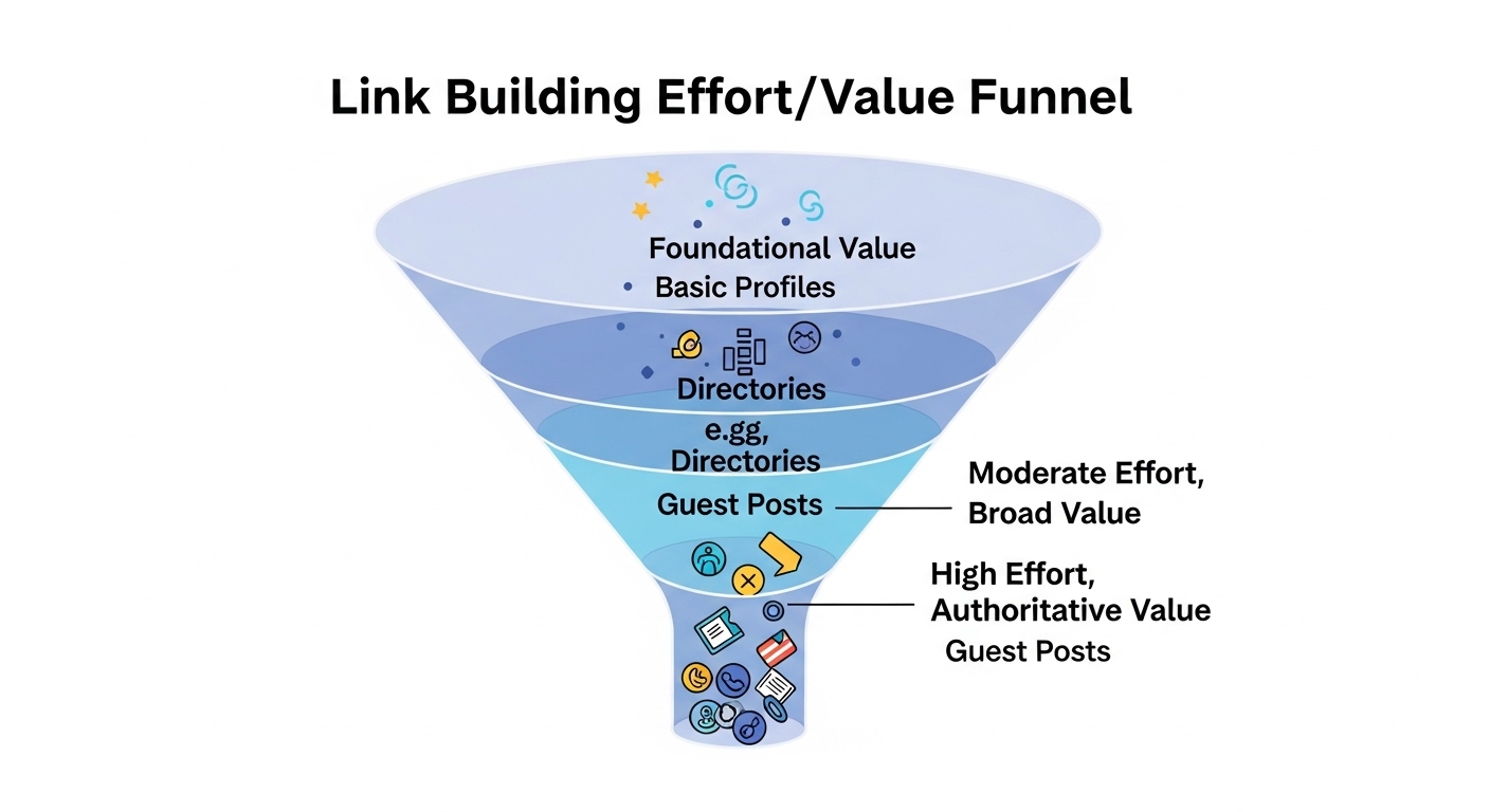 Free Backlinks for Digital Marketing Agencies: The Definitive Guide 2 An abstract, professional illustration of a 'Link Building Effort/Value Funnel'. The funnel should clearly depict three distinct tiers: a wide top tier for 'Low Effort, Foundational Value' (e.g., basic profiles), a narrower middle tier for 'Moderate Effort, Broad Value' (e.g., directories), and a concentrated bottom tier for 'High Effort, Authoritative Value' (e.g., guest posts). Use a clean, modern digital art style, incorporating elements that subtly suggest increasing effort and value as one moves down the funnel, perhaps with a color gradient or complexity of elements. Emphasize progression and strategic investment.