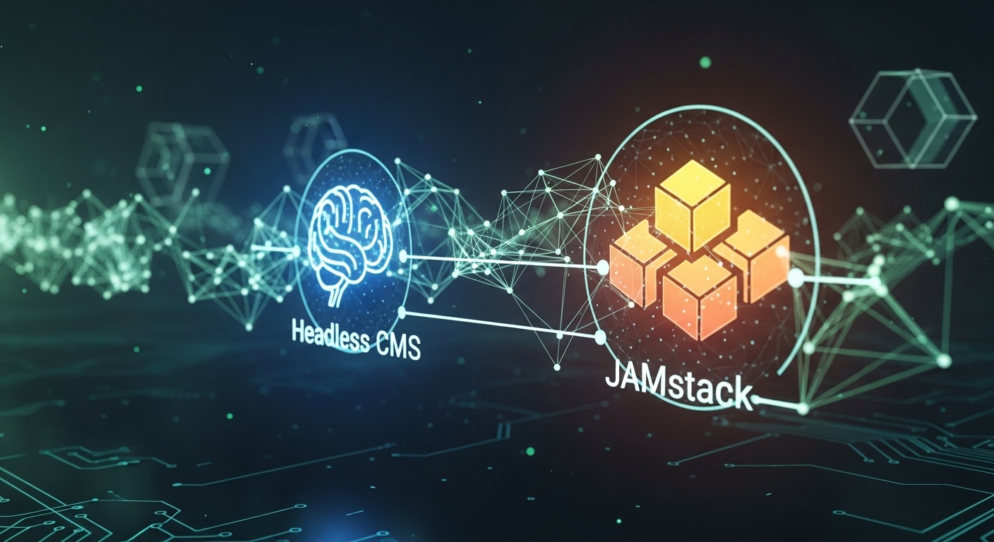A futuristic digital network, seamlessly connecting diverse devices and content sources. Abstract representations of 'Headless CMS' (a brain icon) and 'JAMstack' (building blocks) are integrated into a glowing, interconnected web of data, symbolizing high-performance and zero-cost web development. Soft, bright colors against a clean, tech-inspired background.