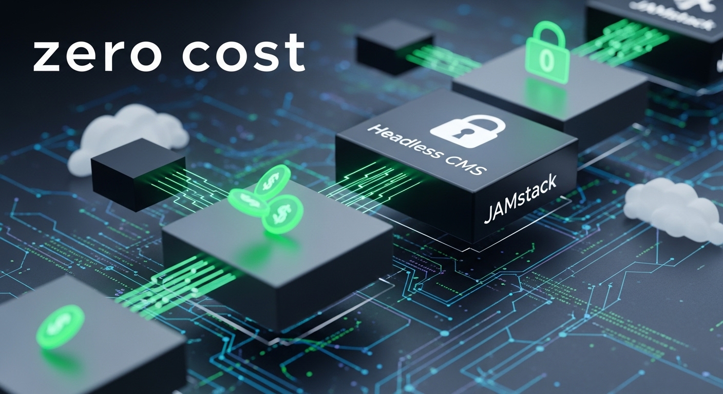 An abstract, futuristic image representing a 'zero-cost' web development stack. Show interconnected blocks or modules symbolizing Headless CMS and JAMstack, with data flowing seamlessly between them. Incorporate subtle elements of 'free' or 'no cost' like glowing green currency symbols or a padlock with a zero, set against a backdrop of glowing code lines and cloud infrastructure. The overall aesthetic should be modern, clean, and evoke high performance and efficiency.
