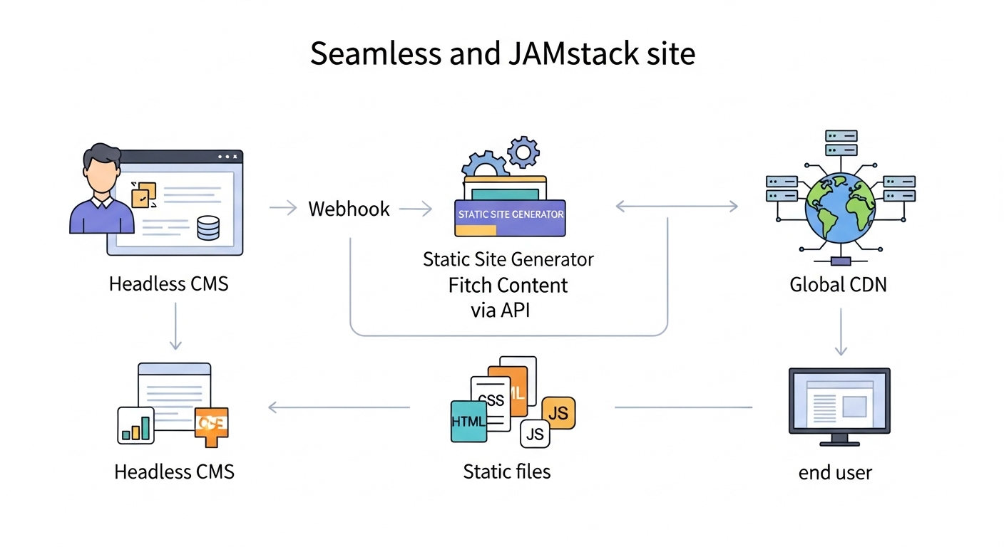 A clear, modern diagram illustrating the seamless workflow between a Headless CMS and a JAMstack site. Show a content editor publishing content in a 'Headless CMS' interface (with a subtle database icon), which triggers a 'webhook' notification. This activates a 'build process' (represented by spinning gears and a 'Static Site Generator' label) that fetches fresh content via API from the CMS. The build process outputs 'static files' (HTML, CSS, JS icons) which are then deployed to a 'Global CDN' (represented by a network of servers across a globe). Finally, an 'end-user' device quickly loads the site from the CDN. Emphasize automation, speed, and the flow of data. Use a clean, tech-inspired design with interconnected arrows and distinct, simple icons for each stage.