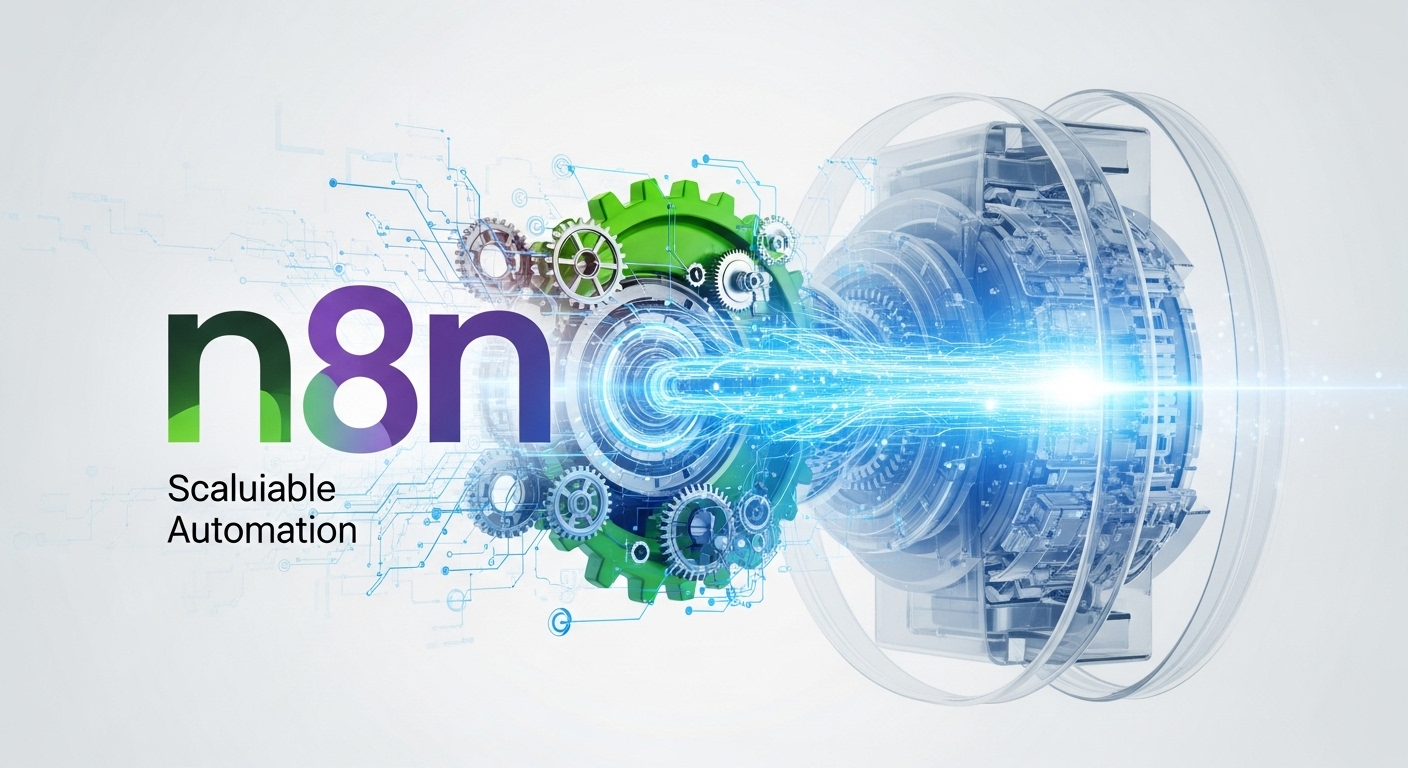 A visually striking image depicting the n8n logo integrated with abstract digital gears and flowing data streams, symbolizing scalable marketing automation. A futuristic, slightly transparent 'engine' or 'system' concept in the background, with a subtle glow, representing efficiency and innovation. Clean, modern aesthetic with a focus on interconnectedness. Dominant colors: n8n brand colors (green/purple) with blues and whites for digital elements.
