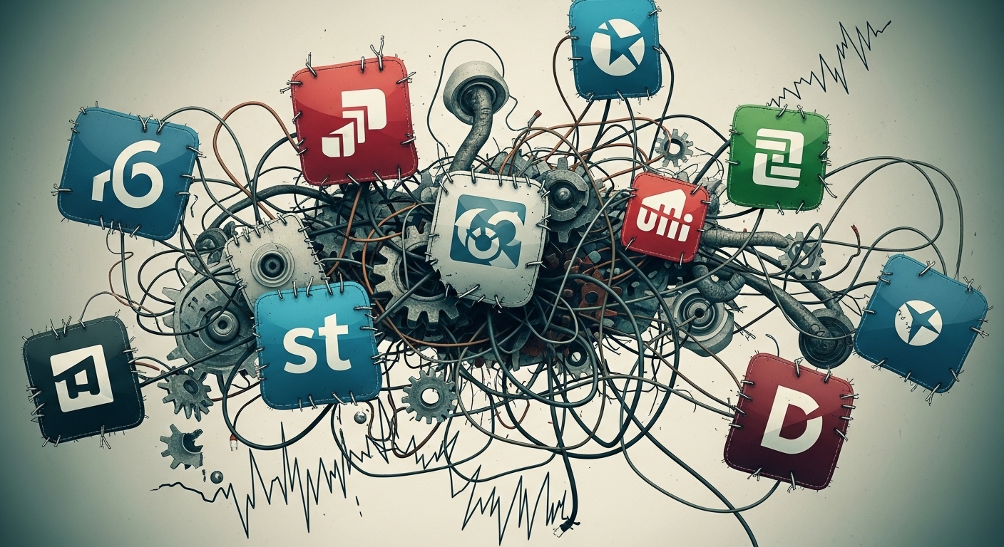 An abstract, chaotic visual representing a 'Frankenstein system' of automation. Show disparate, incompatible software application logos or icons (generic, not specific brands) crudely stitched together with tangled, frayed wires and broken gears. The overall impression should be one of instability, fragility, and a lack of transparency, perhaps with data streams flowing erratically or bottlenecking. Emphasize the 'cobbled-together' and 'brittle' nature, using a slightly muted or distressed color palette to convey inefficiency and potential failure.