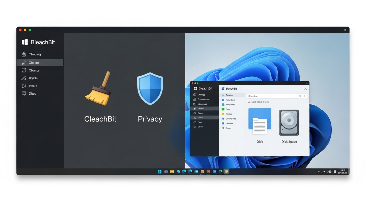 Best Free Open-Source CCleaner Alternatives | Privacy & Speed 2 A minimalist, digital illustration of the BleachBit user interface on a computer screen, with prominent icons representing its core functions: a broom for cleaning, a shield for privacy, and a hard drive for disk space. Show it running on both a Windows-like and a Linux-like desktop, subtly conveying its cross-platform nature. The aesthetic should be clean, secure, and efficient, in a vibrant but professional color palette.