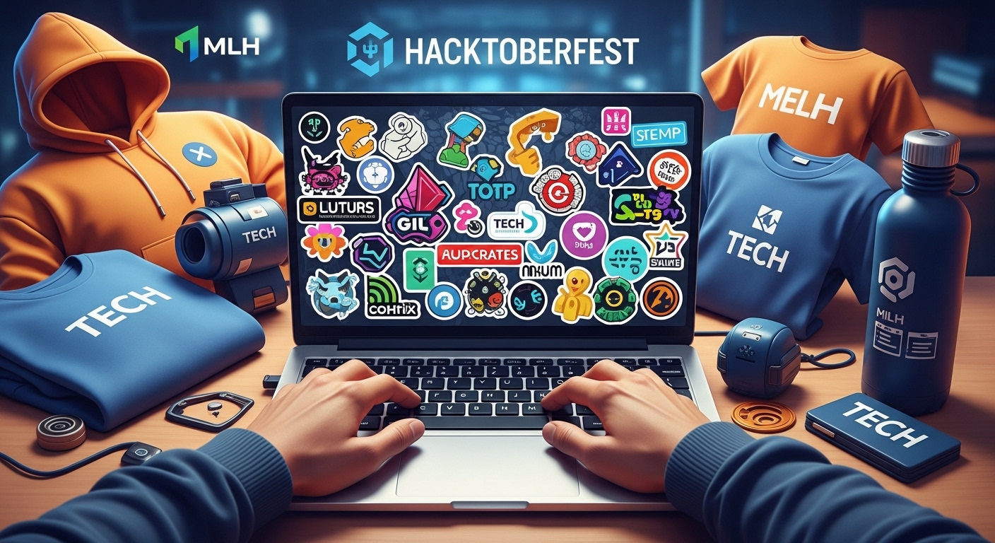 A vibrant and dynamic image showing a laptop covered in colorful tech stickers, surrounded by various tech swag items like a branded hoodie, t-shirt, water bottle, and possibly a Hacktoberfest or MLH logo subtly in the background, with a diverse developer's hands typing on the keyboard. The mood is energetic and rewarding, representing achievement and community engagement in the tech world. Digital art, high detail, bright colors.