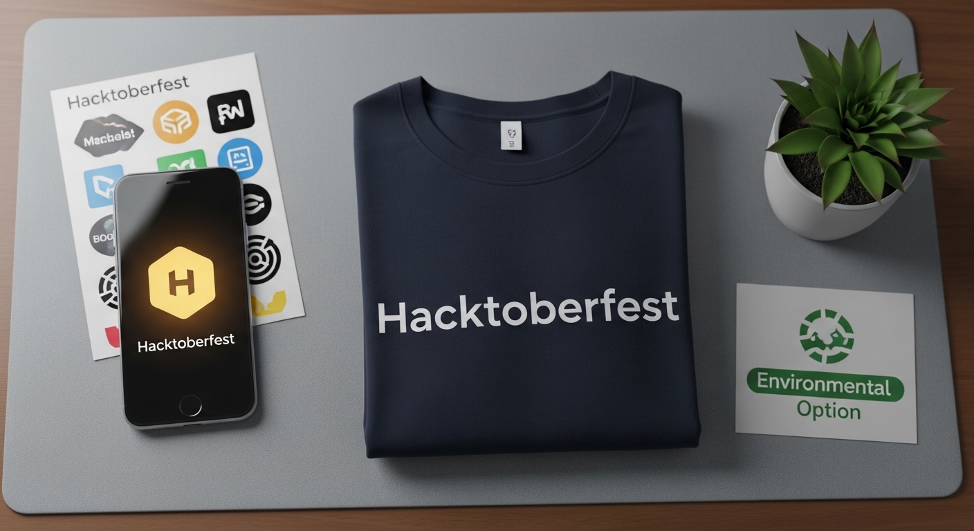A flat lay image displaying a variety of Hacktoberfest rewards: a digital badge glowing on a smartphone screen, a neatly folded Hacktoberfest branded t-shirt, a sticker sheet with open-source project logos, and a small potted plant symbolizing the environmental option. The background is subtle, possibly a wooden desk or a soft-textured fabric, highlighting the items. The overall mood is rewarding and organized. Digital art, high detail, clean composition.