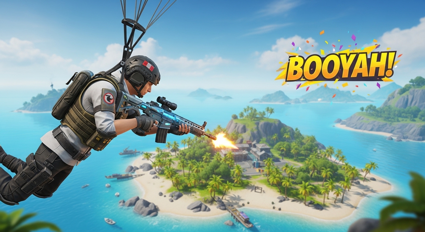 A dynamic and action-packed scene from Garena Free Fire MAX, featuring a customizable character in combat with futuristic weapons, parachuting onto a vibrant island, with the 'Booyah!' victory screen subtly in the background. High resolution, mobile game aesthetic.
