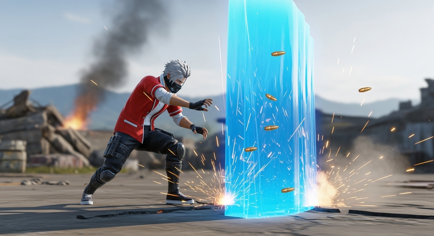 Garena Free Fire MAX Ultimate Guide: Achieve Booyah! 2 A dynamic scene from Garena Free Fire MAX showing a customizable character rapidly deploying a vibrant blue Gloo Wall for cover in a firefight, with bullet impacts scattering around. Emphasize the tactical use of the Gloo Wall for defense. High resolution, mobile game aesthetic.