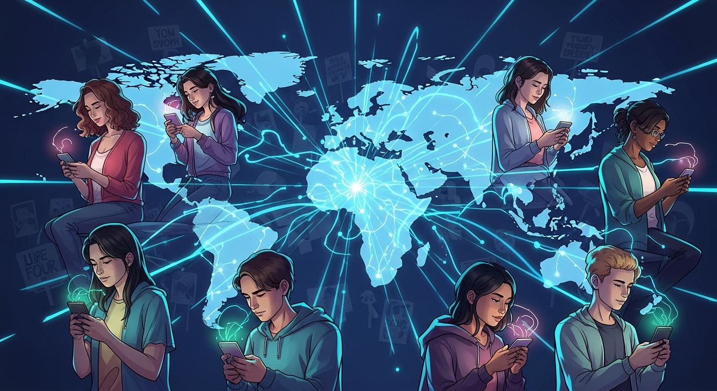 A diverse group of Gen Z youth, representing different global regions, using smartphones to connect. Digital lines radiate from their devices, forming a network over a glowing world map. Protest signs are subtly visible. Emphasize global connectivity, youth empowerment, and digital solidarity. Dynamic, vibrant digital art.