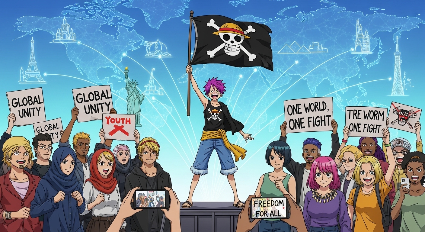 Gen Z Activism: Global Youth Protests & Connected Rebellion 2 Diverse Gen Z youth from various global regions protesting, prominently displaying the 'Jolly Roger' flag of the Straw Hat Pirates from One Piece. The background features subtle digital overlays connecting different global cities, emphasizing transnational solidarity and a fight against perceived autocratic systems. The scene is energetic and conveys a sense of global youth empowerment. Vibrant digital art style.