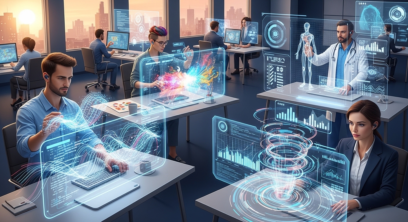 A futuristic office environment with diverse professionals (e.g., software developer, creative artist, doctor, financial analyst) interacting with glowing, abstract representations of AI interfaces. The image should convey concepts of multimodal AI (code, images, data streams) augmenting human work, symbolizing innovation, efficiency, and the strategic impact of Generative AI in a professional setting.