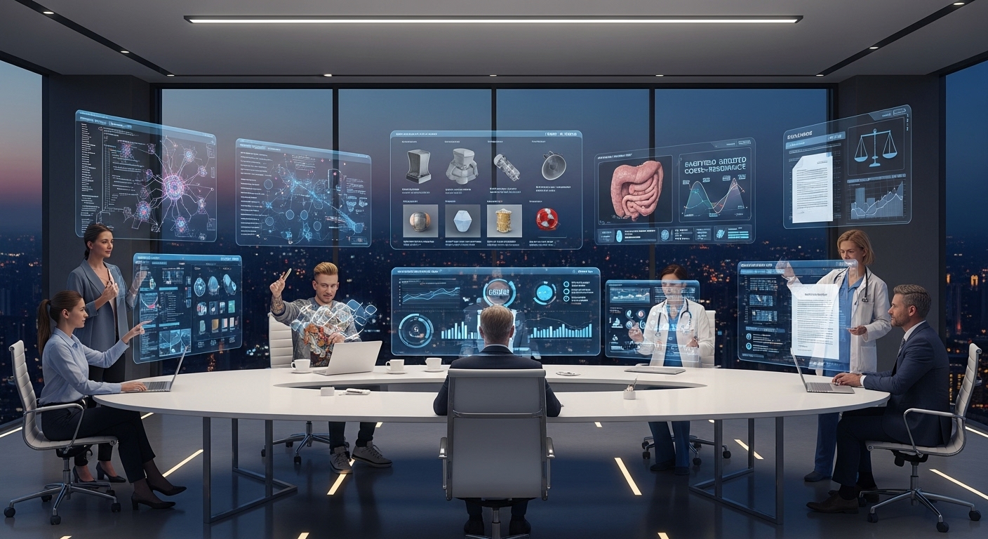 A futuristic boardroom or professional setting, illustrating the integration of generative AI across diverse industries. Show professionals (e.g., a developer, designer, doctor, lawyer) interacting with holographic interfaces displaying text, code, images, and data. Emphasize innovation, strategic decision-making, and the impact of AI on professional workflows. High-tech, collaborative, and forward-looking aesthetic.