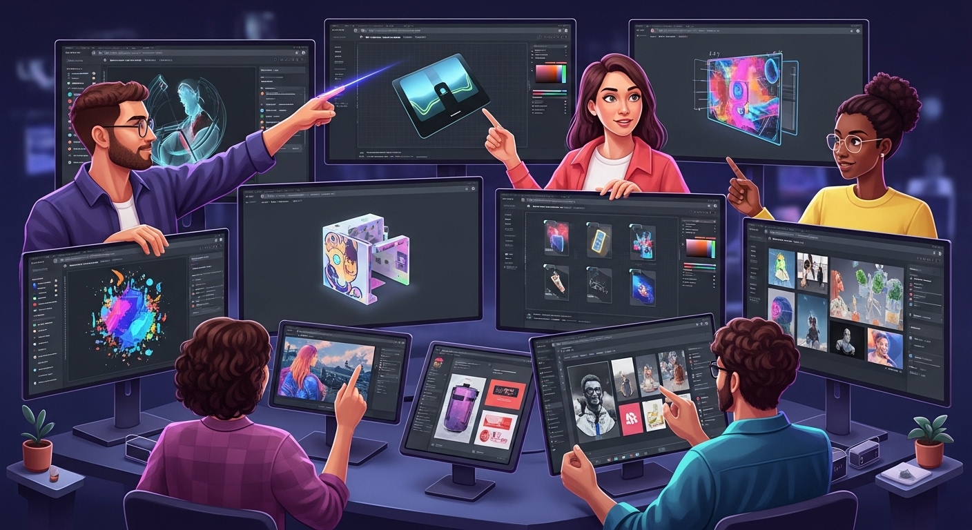 Generative AI: Reshaping Professional Practice & Industry 2 A dynamic, vibrant scene showcasing diverse creative professionals (e.g., graphic designer, digital artist, marketing specialist) using generative AI tools. They are surrounded by screens displaying rapidly evolving digital art, product mockups, and marketing visuals, all being created instantly from text prompts. Emphasize the seamless integration of AI into their workflow, illustrating the 'generative supply chain' and the acceleration of creative ideation and production.