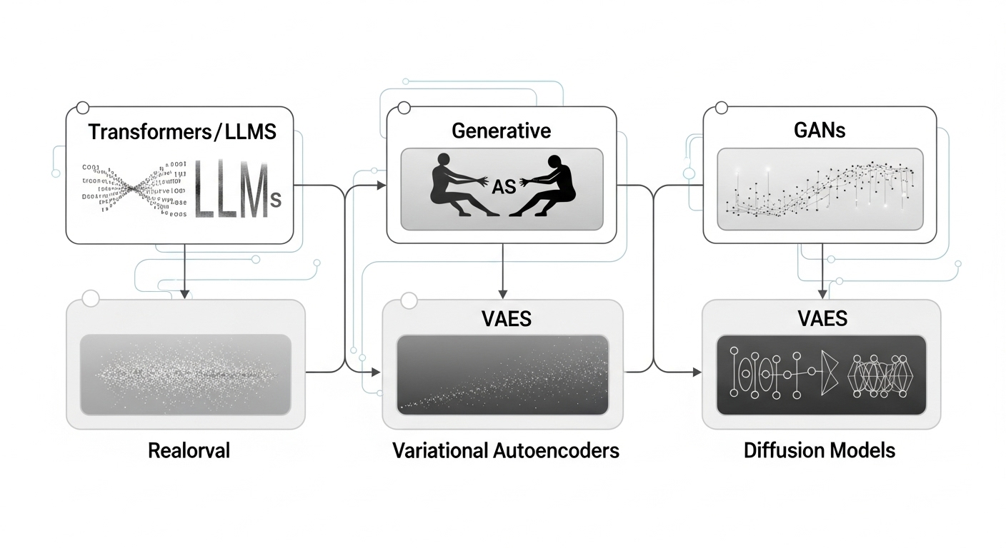 A conceptual visualization illustrating the evolution of generative AI models. Show distinct, interconnected nodes or pathways representing Transformers/LLMs, GANs, VAEs, and Diffusion Models, possibly with visual cues indicating their unique functions (e.g., flowing text for LLMs, a tug-of-war for GANs, gradual noise removal for Diffusion models). Emphasize innovation and progression in AI architecture, using a clean, futuristic, and highly technical aesthetic.