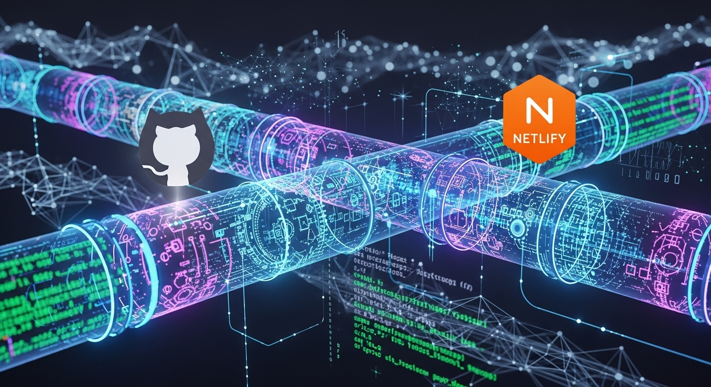A vibrant, futuristic digital pipeline visually connecting GitHub's Octocat logo, Netlify's orange icon, and flowing code. Gears and automation symbols are integrated into the pipeline, representing continuous integration and deployment. The background is a clean, modern tech interface with abstract data flow.
