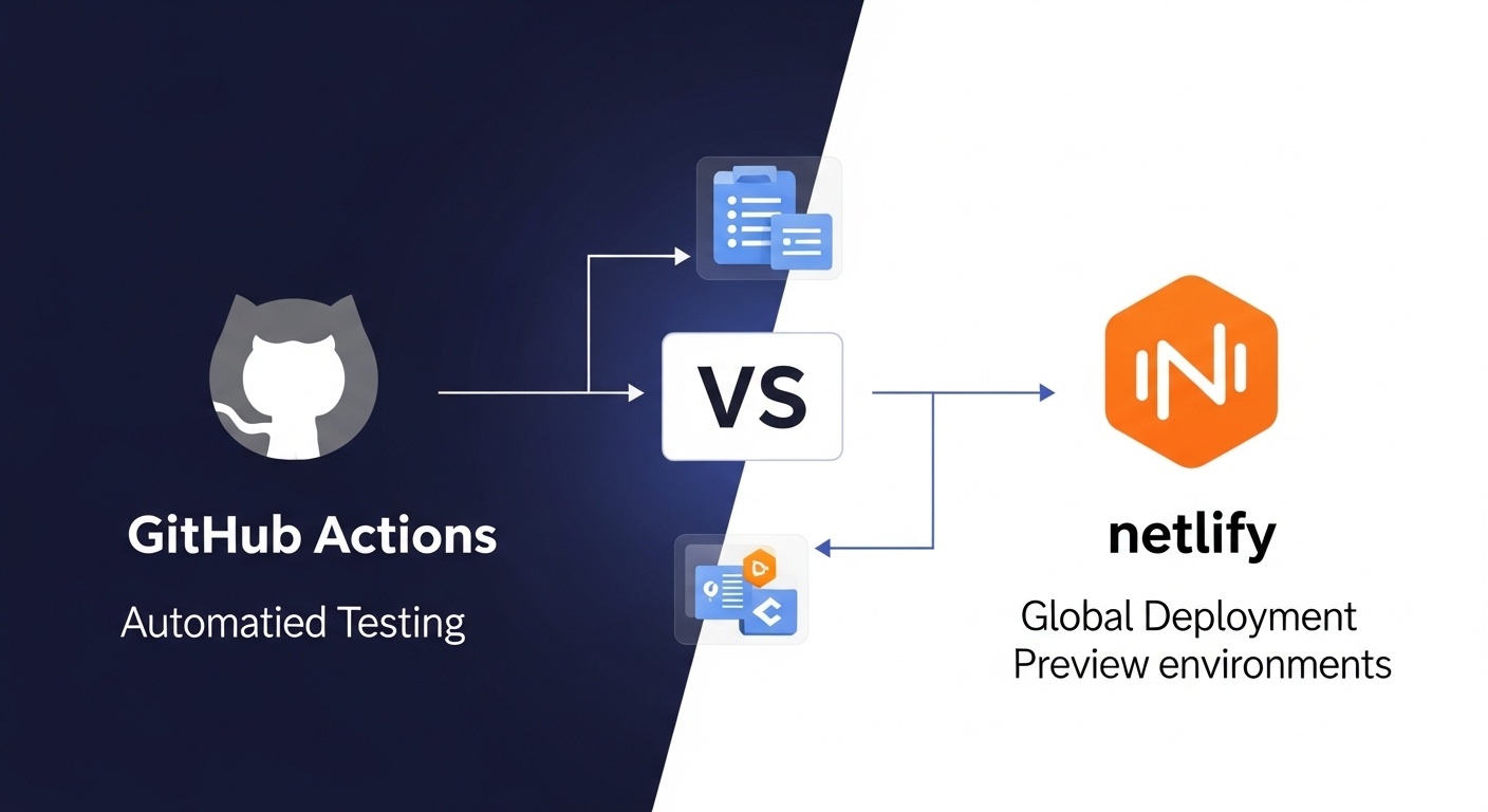 Mastering GitHub Netlify CI/CD: Automated Deployment Guide 2 A visually striking comparison or integration diagram of GitHub Actions and Netlify for CI/CD. On one side, GitHub's Octocat logo is associated with automated testing and build processes. On the other side, Netlify's orange icon is linked to global deployment and preview environments. Show arrows or connecting lines illustrating a workflow, with a modern, digital aesthetic and clean data flow elements.
