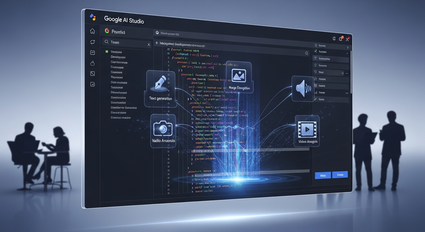A futuristic, vibrant digital interface of Google AI Studio with code snippets and visual elements representing multimodal AI (text, images, audio, video) integrated, surrounded by a subtle glow hinting at Gemini AI models. Diverse users (developer, writer, marketer) silhouetted in the background, working collaboratively. Clean, modern aesthetic.