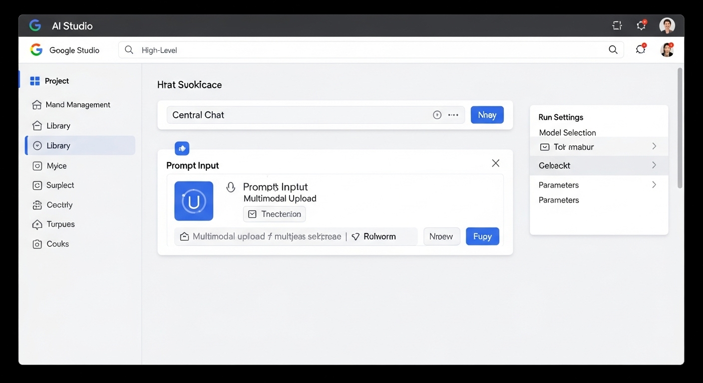 A clean, detailed diagram of the Google AI Studio user interface, highlighting its main components: the central chat workspace, the left sidebar for project management and library, the top bar for high-level navigation, the prompt input field in the center with multimodal upload options, and the right sidebar displaying run settings like model selection and parameters. The diagram should use a modern, technical aesthetic with clear visual separation for each section.