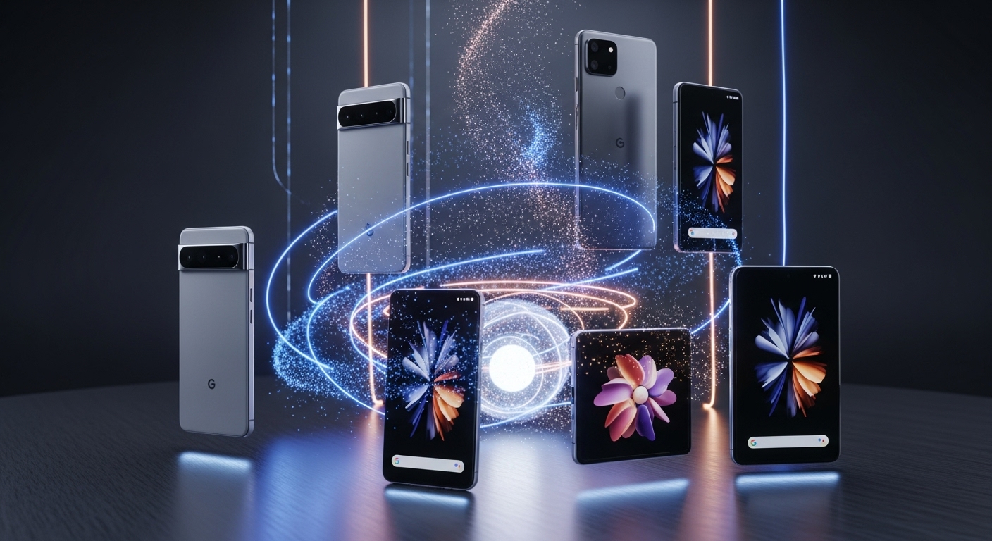 A futuristic display showcasing various Google Pixel 2025 smartphone models (Pixel 9a, Pixel 10, Pixel 10 Pro, Pixel 10 Pro Fold) arranged dynamically, with subtle glowing AI elements connecting them, symbolizing innovation and a diverse ecosystem.